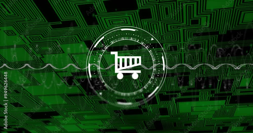 Aufkleber shopping cart icon animation over green geometric patterns and waveforms