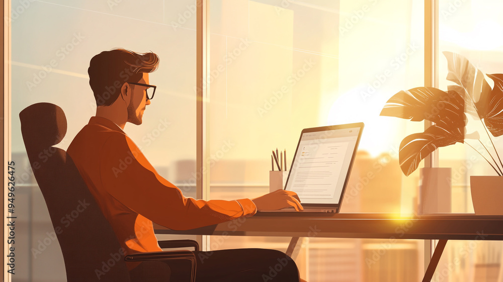 Poster a person working on a laptop while enjoying a sunset view from a modern office window in a vibrant u
