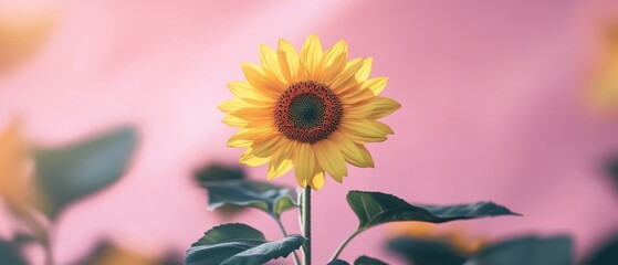Obraz premium A Single Sunflower Facing the Sunlight Against a Pink Background