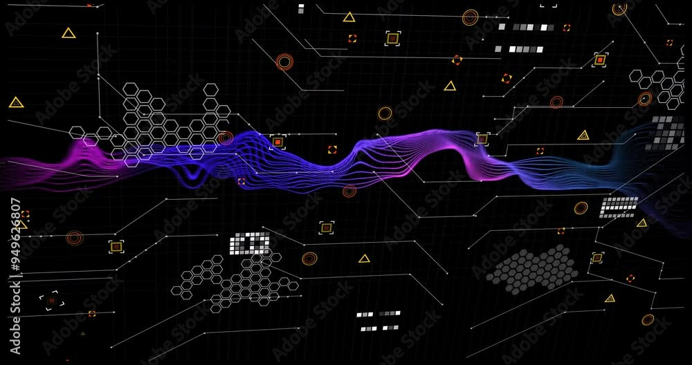 Poster flowing wave animation over digital data and geometric shapes on black background