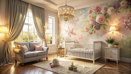 romantic nurseries enveloped in soft feminine hues, adorned with delicate watercolor art, and infused with gentle morning sunlight, evoking warmth and coziness
