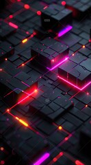 Dark background, black cubes with red and purple lights