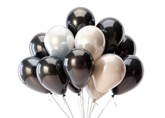 A cluster of glossy black and white latex balloons, ready for a celebration