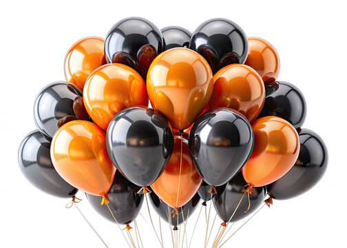 A cluster of black and orange glossy balloons against a white background. The balloons are arranged in a random pattern, creating a festive and cheerful atmosphere