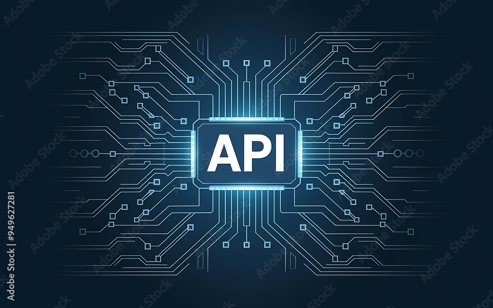 Poster api technology: a glowing blue api inscription on a circuit board, symbolizing seamless integration 