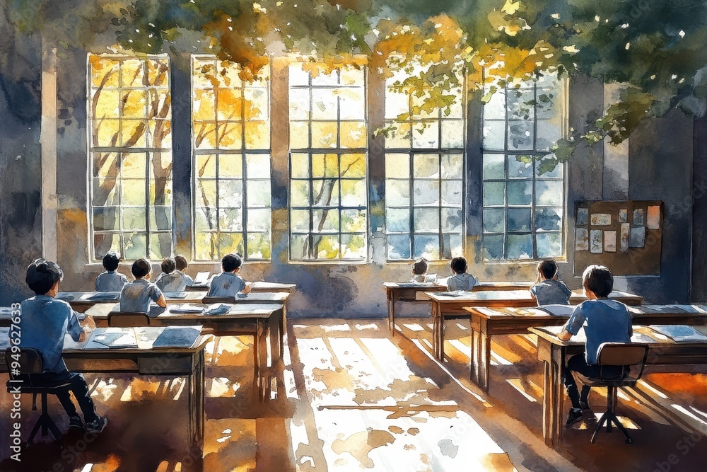 Poster a serene classroom scene with students focused on their work, illuminated by warm sunlight streaming