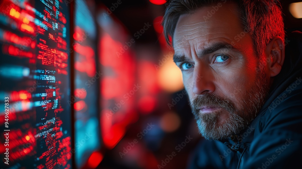 Poster a man with a beard and glasses is staring at a computer screen with a red background. concept of foc