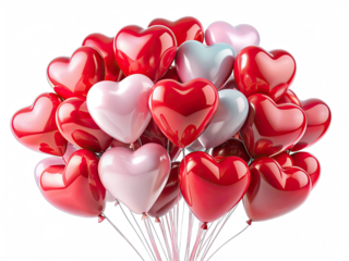 A group of heart-shaped balloons, mostly red, with some pink and silver, are tied together and float against a white background
