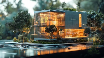 Fototapeta premium A modern glass house with a green roof blends seamlessly with the surrounding trees.