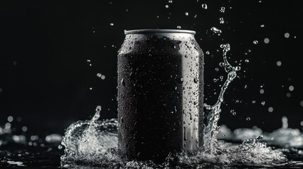 A chilled beverage can with water droplets and splashes around it, suggesting it has just been placed in a pool of water with force.