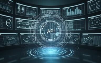 Obraz premium API Interface: Futuristic digital interface showcasing API technology, surrounded by data visualizations on multiple screens.