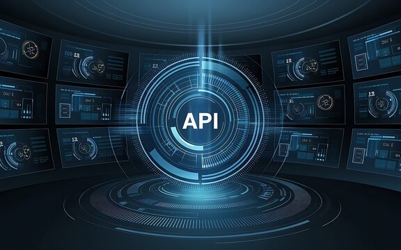 API Interface: Futuristic digital interface showcasing the term "API" at its core, surrounded by a network of data screens in a dark, technological environment.  