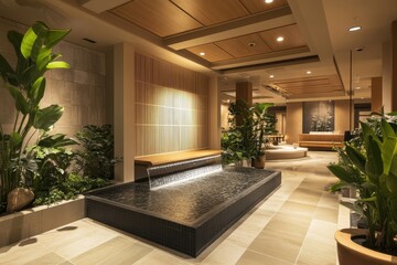 Fototapeta premium A serene indoor spa area featuring a water feature and lush greenery for relaxation.