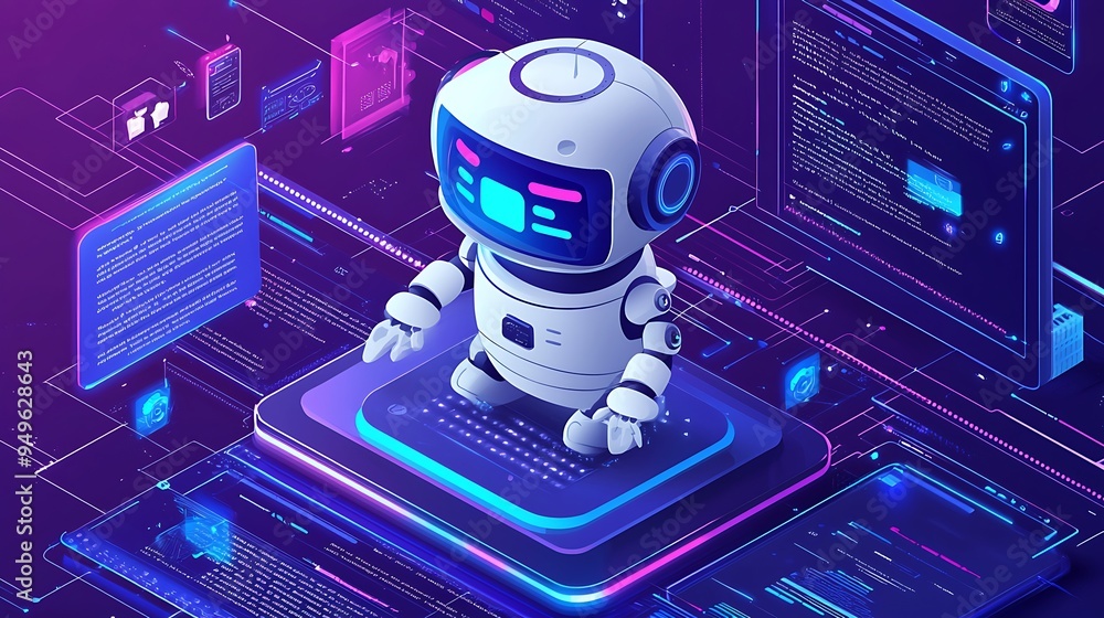 Poster an ai robot integrates with a digital network, embodying the future of technology.
