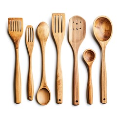 Assorted bamboo kitchen utensils against pure white, eco-friendly and modern