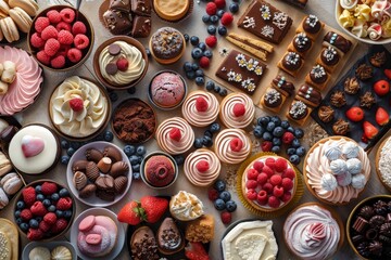 A variety of desserts displayed on a table, showcasing cakes, pastries, cookies, and more, Sweet treats and desserts scattered throughout