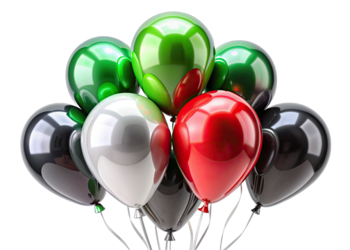 A cluster of glossy green, red, white, and black balloons are arranged together, suggesting a festive celebration