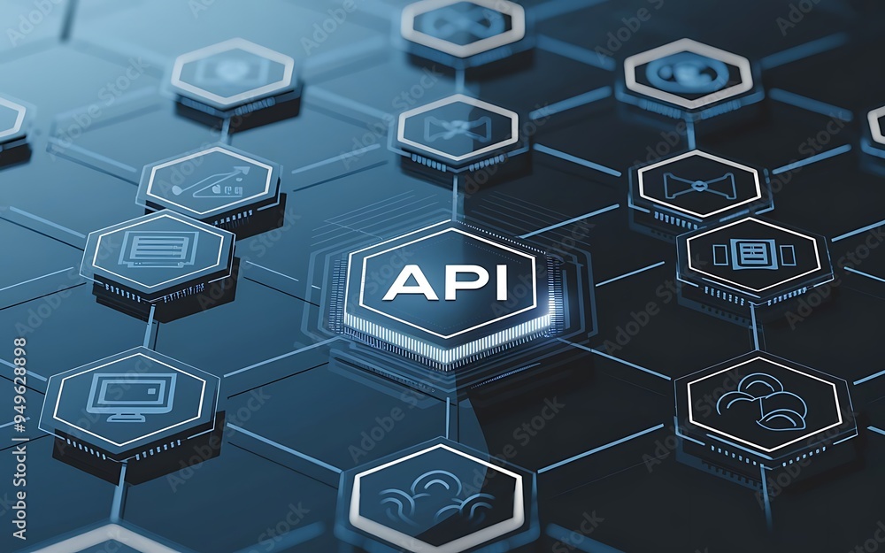 Poster api integration: futuristic hexagonal network with glowing icons, showcasing the power and connectiv