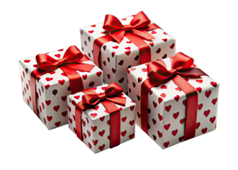 A group of four gift boxes, all wrapped in white paper with red hearts and tied with red ribbon bows