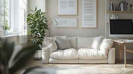 Fototapeta premium White sofa and plants combine in a bright, modern living room design.
