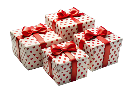 Four square gift boxes with white paper and red ribbon tied into bows are arranged on a white background. Each box is covered in a pattern of small red hearts