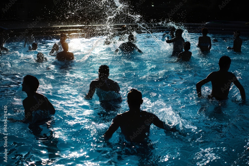 Poster silhouettes of swimmers wading and splashing in a pool, swimmers' silhouettes wading and splashing i