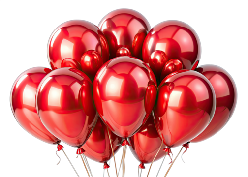 A group of red glossy latex balloons tied together with strings on a white background