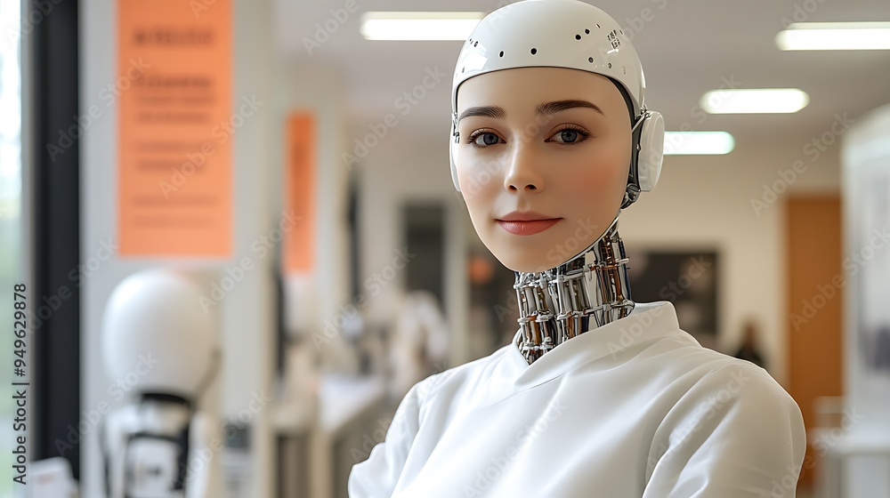 Poster a humanoid robot ai assistant dressed in a white lab coat represents the cutting edge of technology.