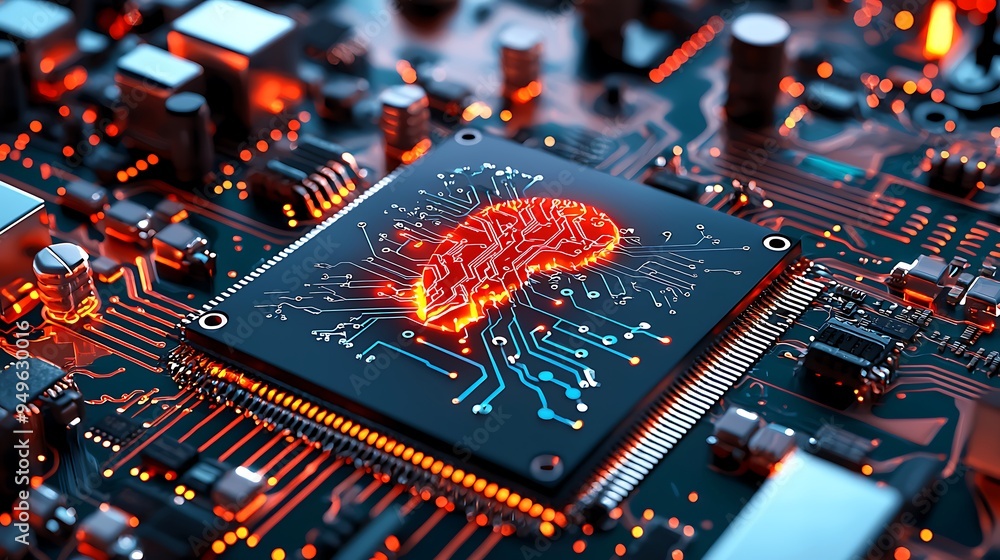 Poster a glowing brain shape forms within a circuit board, a fusion of technology and human thought.
