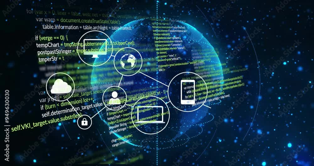 Poster digital code and icons animation over rotating globe and network connections