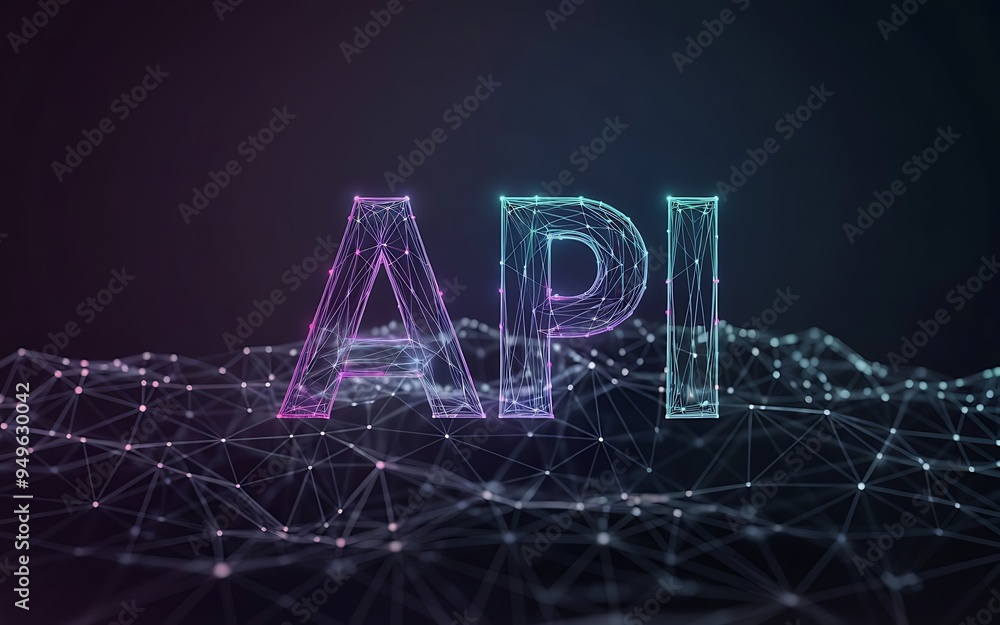 Poster api: the future of connectivity - abstract digital landscape with the word api in a futuristic, glow