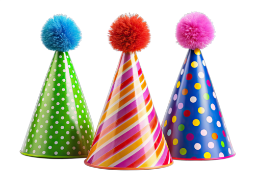 Three colorful party hats with fur balls on top are arranged in a row on a white background. The hats are decorated with polka dots and stripes. The fur balls are blue, red, and pink
