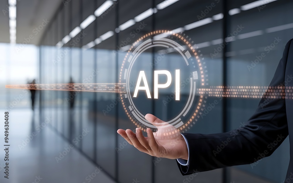 Poster api integration: a businessman presents a futuristic api interface, symbolizing seamless digital con