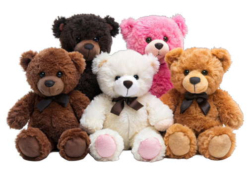 Five plush teddy bears are sitting side-by-side on a white background. They are all wearing black ribbon bows around their necks