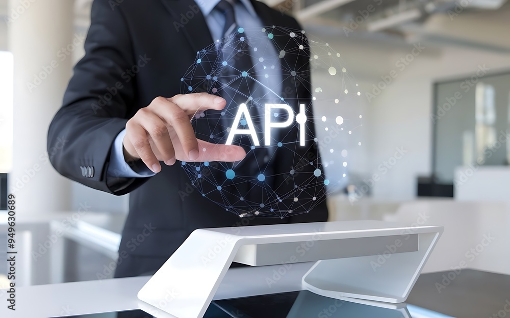 Poster connecting the dots: a businessman confidently interacts with a futuristic api interface, highlighti