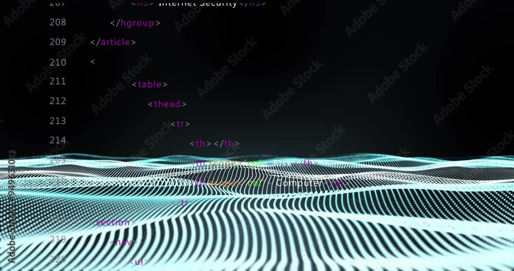 Poster html code animation over undulating grid lines on dark background