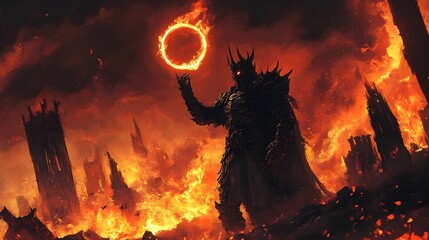 Malevolent Dark Lord Raises Glowing Ring Amidst Fiery Ruins and Lava