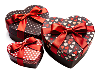 Three heart shaped gift boxes with red bows and various patterns, including white polka dots and red hearts on a black background