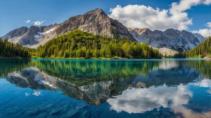 Mountain mirrored in clear blue lake, panoramic view 