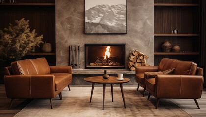 Modern Living Room with Fireplace Leather Sofas and Mountain Artwork