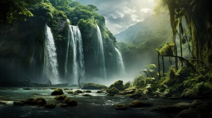 Serene Tropical Waterfall in Lush Rainforest
