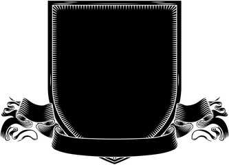 Coat of arms crest knight family medieval shield and scroll heraldry heraldic armorial motif in a vintage etching engraving woodcut style