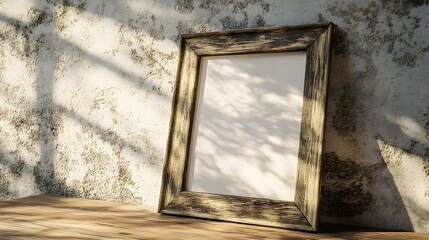 Rustic Wooden Frame Against Textured Concrete Wall with Sunlit Tabletop
