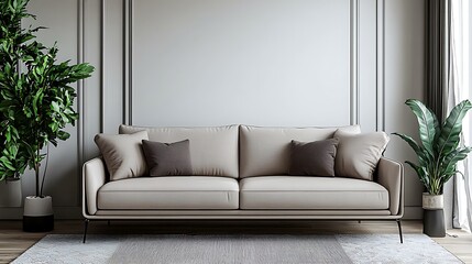 Fototapeta premium A modern living room with a beige sofa and plants creates a tranquil and inviting atmosphere.