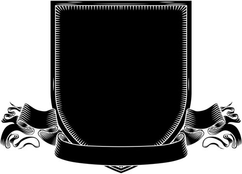recommend clip art: Coat of arms crest knight family medieval shield and scroll heraldry heraldic armorial motif in a vintage etching engraving woodcut style