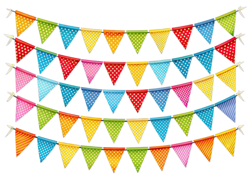 A series of four colorful pennant bunting garlands hangs in a row, each garland containing a vibrant mix of colors and polka dot patterns