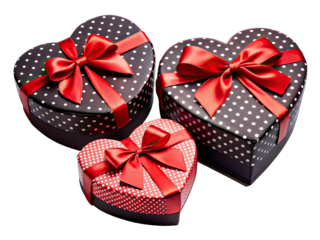 Three heart-shaped gift boxes with red ribbons and polka dot patterns. The boxes are arranged in a triangle shape, with the largest box in the back and the smallest box in the front