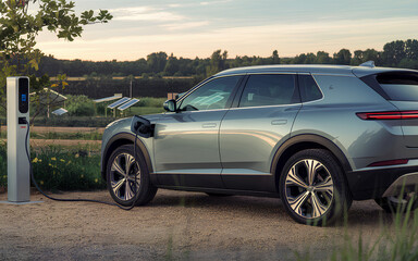 An electric car is being charged at a charging station in the countryside 