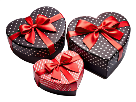 Three heart-shaped gift boxes with red ribbons and polka dot patterns. The boxes are arranged in a triangle shape, with the largest box in the back and the smallest box in the front - Powered by Adobe