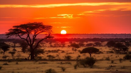 Fototapeta premium African Savanna Sunset: Golden Hour Landscape